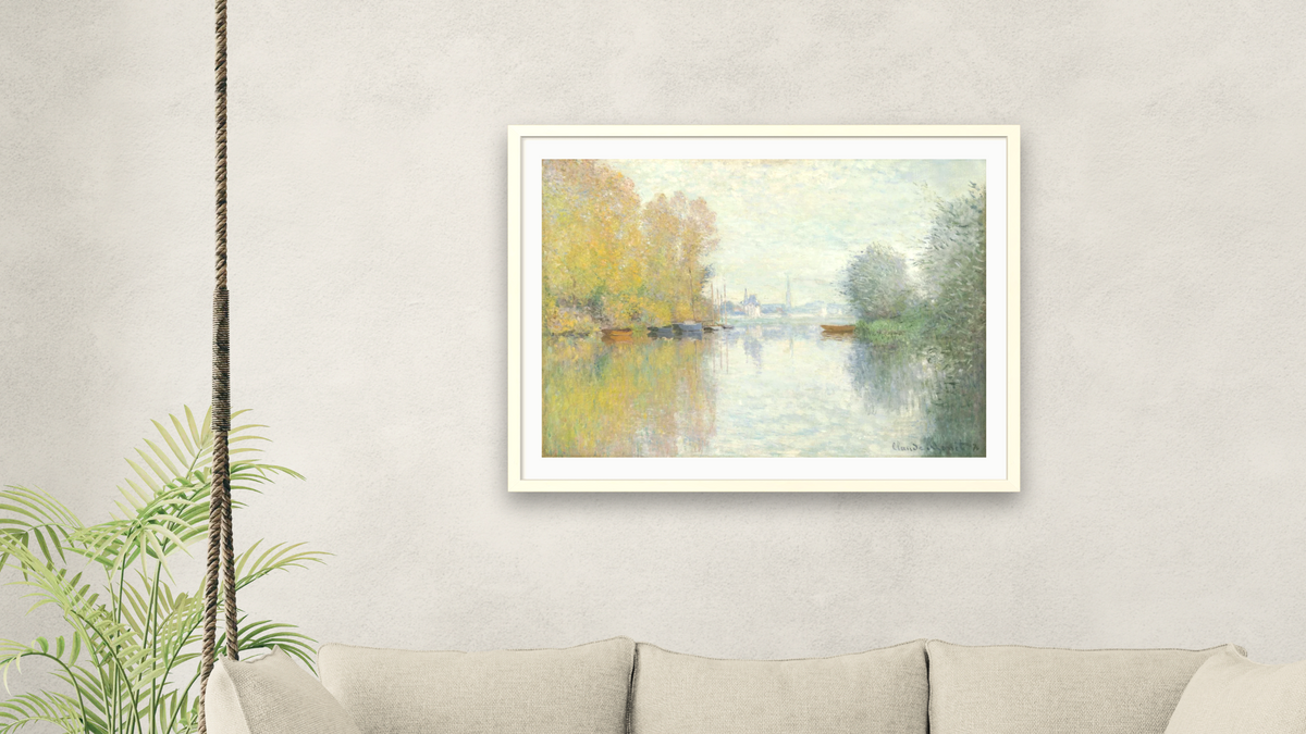 Autumn on the Seine, Argenteuil (Automne sur la Seine, Argenteuil) by Claude Monet, shown at 30 × 40 in (76.2 × 101.6 cm) in Ramino Opaque White, living
