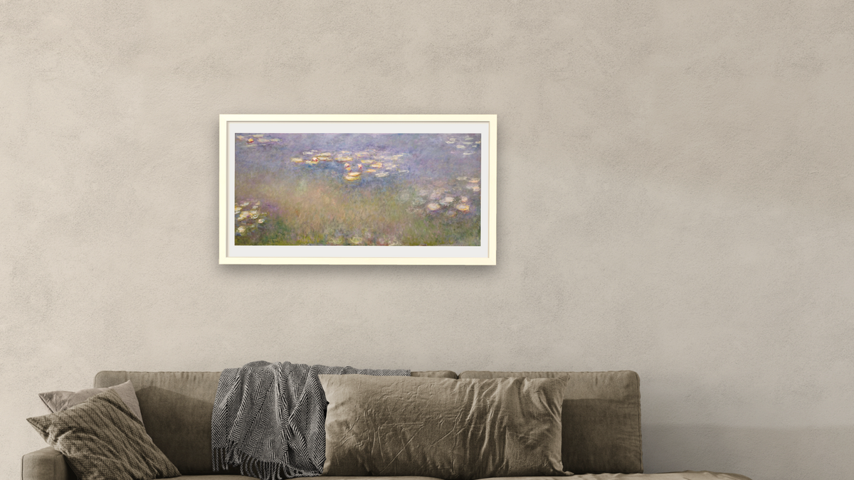 Water Lilies by Claude Monet, shown at 20 × 40 in (50.8 × 101.6 cm) in Ramino Opaque White, living