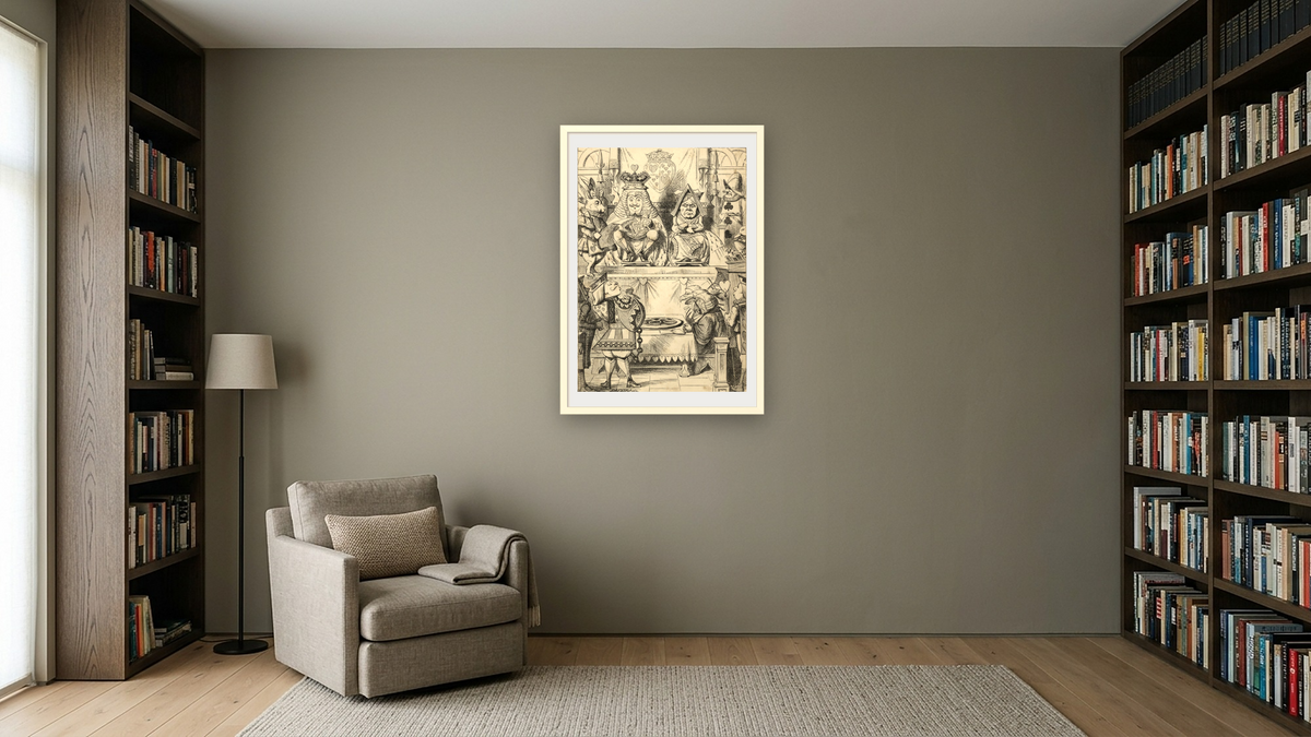 The Trial of the Knave of Hearts, from 'Alice's Adventures in Wonderland' by Lewis Carroll by John Tenniel, shown at 28 × 42 in (71.1 × 106.7 cm) in Ramino Opaque White, library