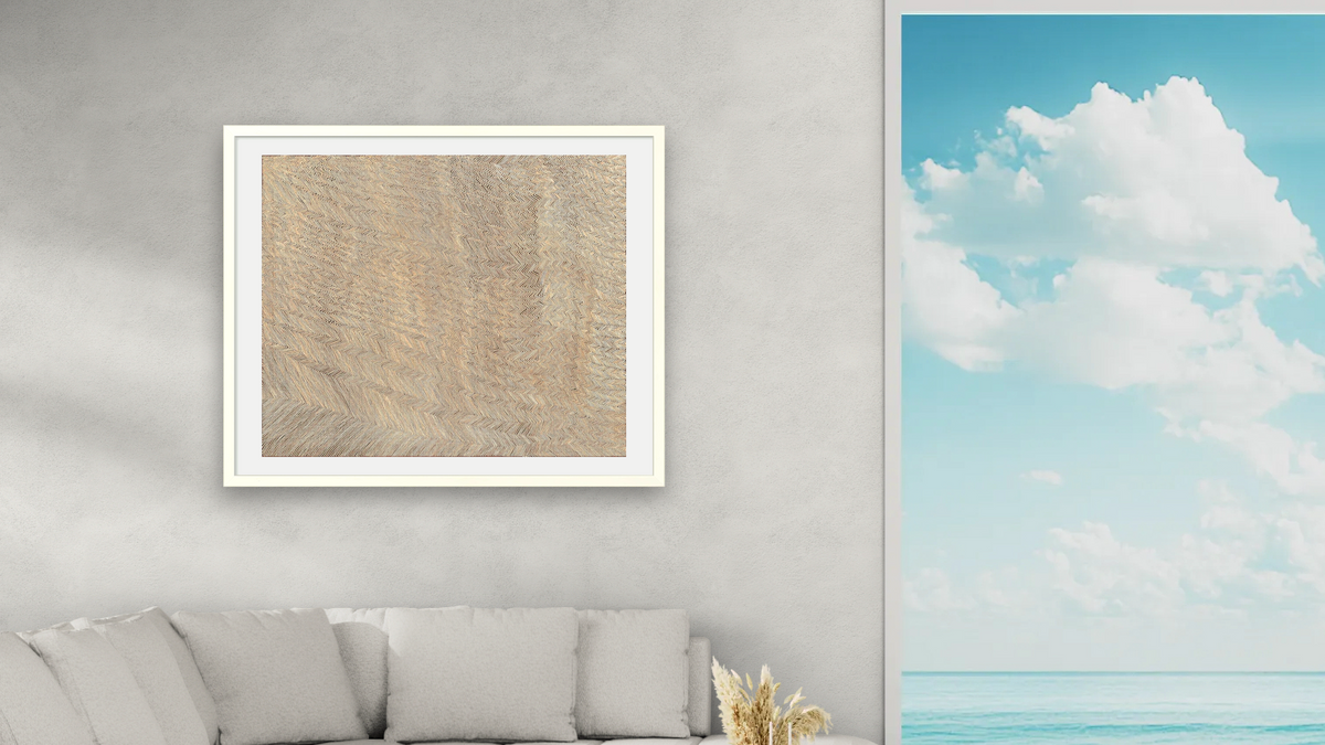 Women's Dreaming at Marrapinti by Doreen Reid Nakamarra, shown at 32 × 40 in (81.3 × 101.6 cm) in Ramino Opaque White, living