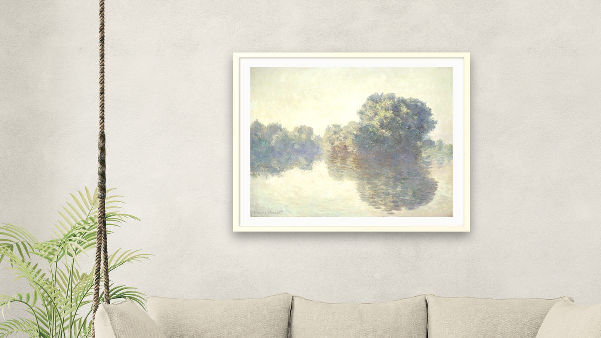 The Seine at Giverny by Claude Monet, shown at 32 × 40 in (81.3 × 101.6 cm) in Ramino Opaque White, living
