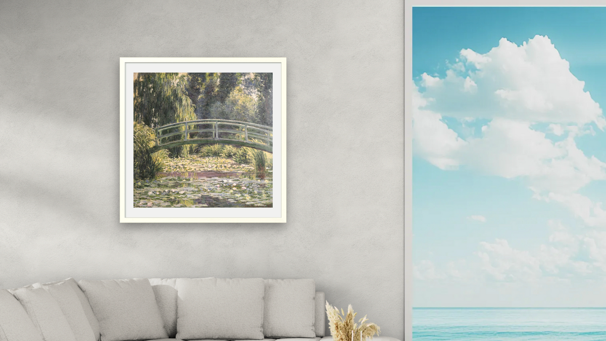 The Japanese Footbridge, Giverny by Claude Monet, shown at 32 × 32 in (81.3 × 81.3 cm) in Ramino Opaque White, living