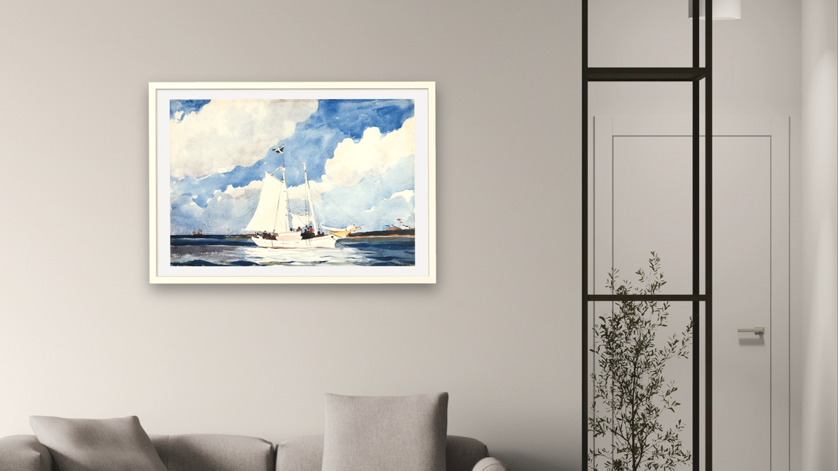 Fishing Schooner, Nassau by Winslow Homer, shown at 28 × 42 in (71.1 × 106.7 cm) in Ramino Opaque White, living