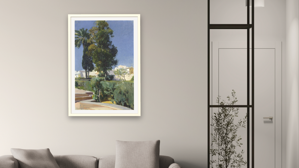 Corner of the Garden, Alcazar, Sevilla, 1910 by Joaquin Sorolla y Bastida, shown at 28 × 42 in (71.1 × 106.7 cm) in Ramino Opaque White, living
