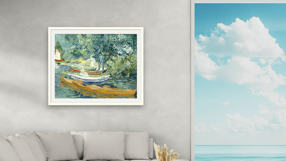 Bank of the Oise at Auvers by Vincent van Gogh, shown at 32 × 40 in (81.3 × 101.6 cm) in Ramino Opaque White, living