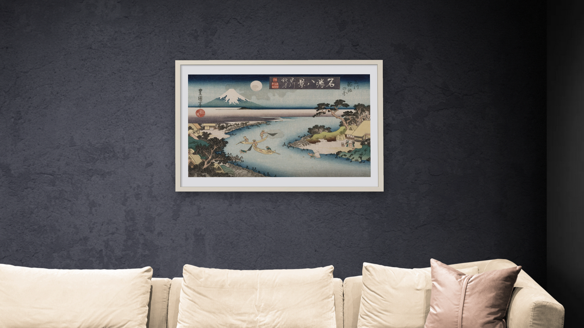 Autumn Moon, Tama River by Utagawa Toyokuni II, shown at 28 × 42 in (71.1 × 106.7 cm) in Ramino Opaque White, living