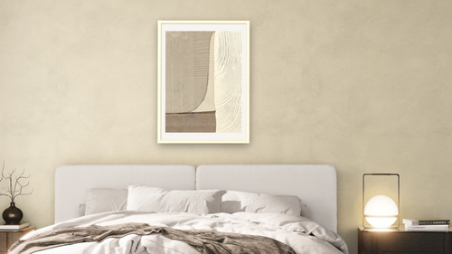 Abstracted 2 by Dan Hobday, shown at 28 × 42 in (71.1 × 106.7 cm) in Ramino Opaque White, bedroom [arteriel-render:v6:room_a:28x42@45,32]
