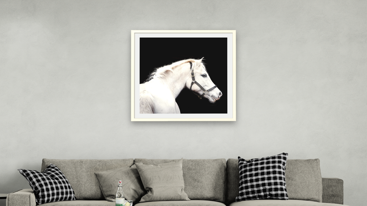 Maddie n black by Brandon Luther, shown at 32 × 32 in (81.3 × 81.3 cm) in Ramino Opaque White, living
