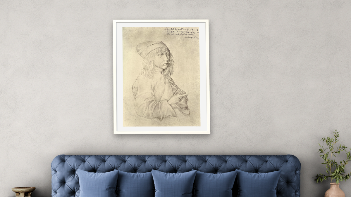 Self portrait at the age of thirteen by Albrecht Dürer, shown at 30 × 40 in (76.2 × 101.6 cm) in Ramino Opaque White, bedroom