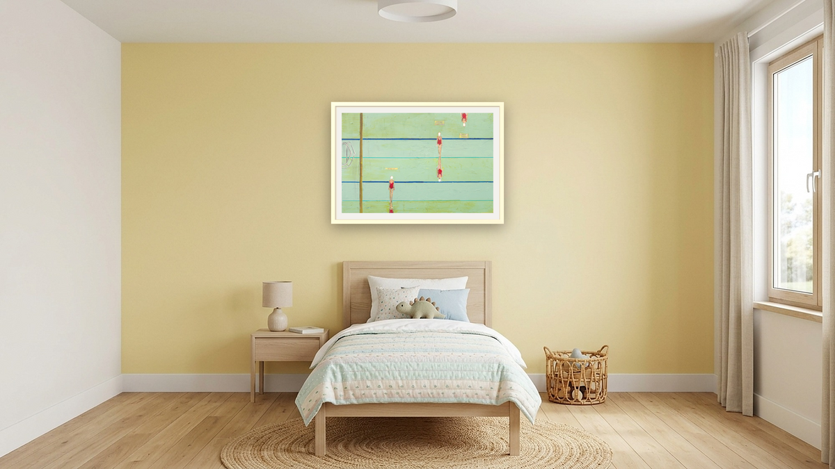 Reflecting Back by Dobee Snowber, shown at 28 × 42 in (71.1 × 106.7 cm) in Ramino Opaque White, kids' room