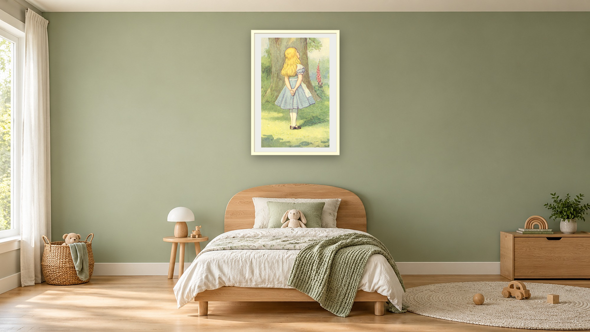 Alice and the Cheshire Cat, illustration from 'Alice in Wonderland' by Lewis Carroll by John Tenniel, shown at 28 × 42 in (71.1 × 106.7 cm) in Ramino Opaque White, kids' room
