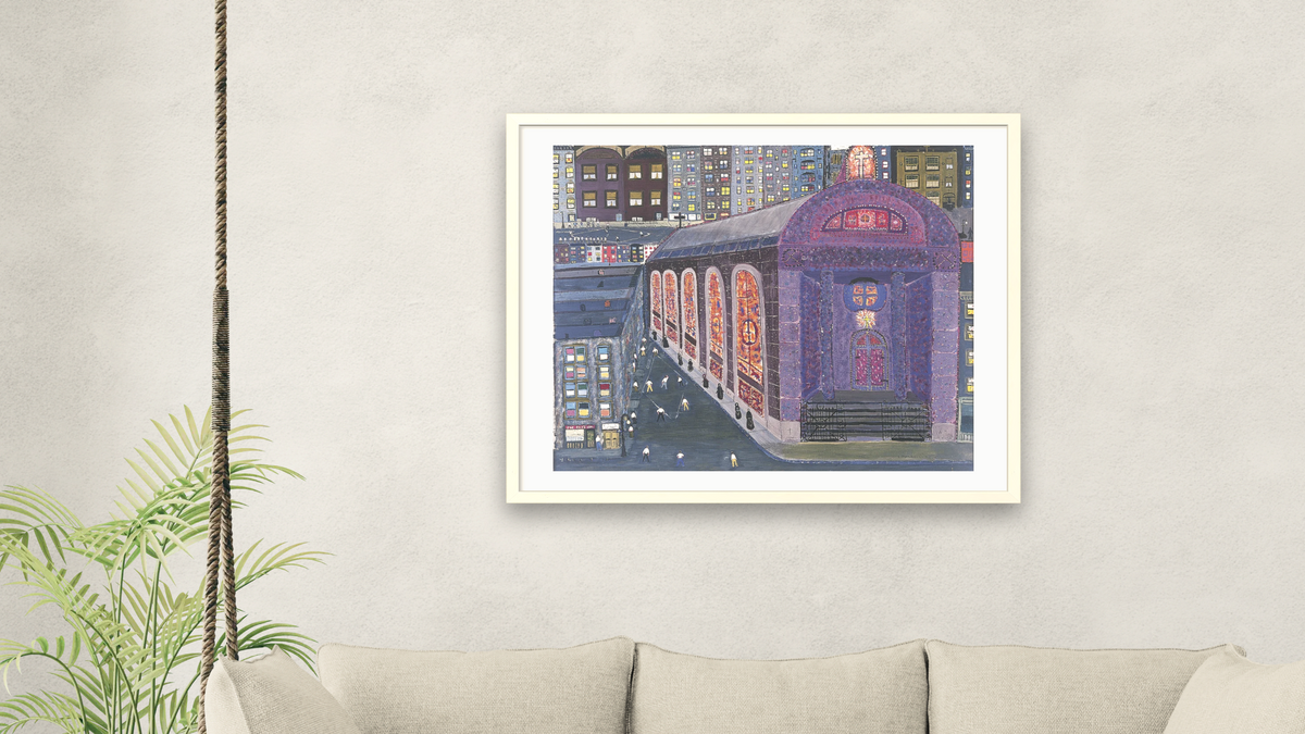 Purple Church by Ralph Fasanella, shown at 32 × 40 in (81.3 × 101.6 cm) in Ramino Opaque White, living