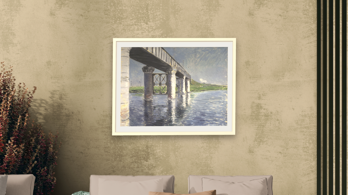 The Seine and the Railroad Bridge at Argenteuil (La Seine et le pont du chemin de fer dArgenteuil) by Gustave Caillebotte, shown at 30 × 40 in (76.2 × 101.6 cm) in Ramino Opaque White, living