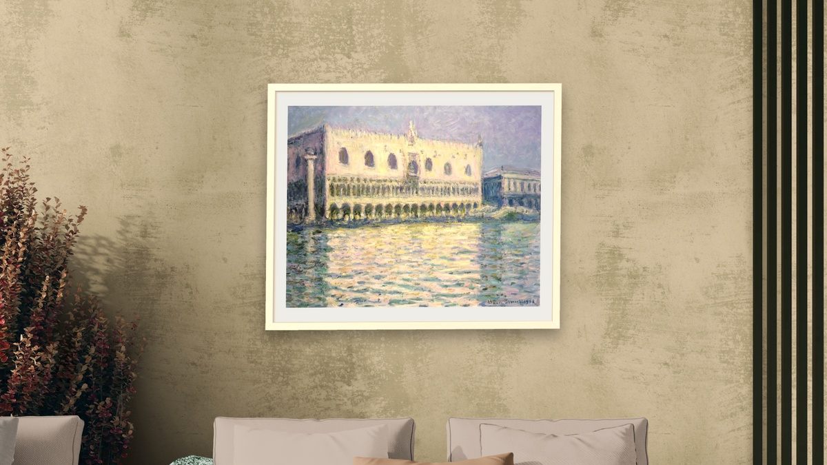The Ducal Palace, Venice by Claude Monet, shown at 32 × 40 in (81.3 × 101.6 cm) in Ramino Opaque White, living