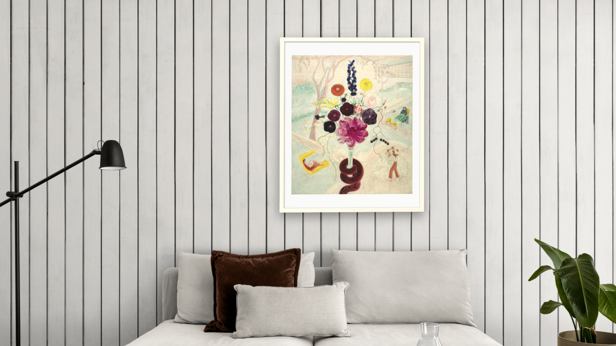 Birthday Bouquet (Flowers with Snake) by Florine Stettheimer, shown at 32 × 40 in (81.3 × 101.6 cm) in Ramino Opaque White, living