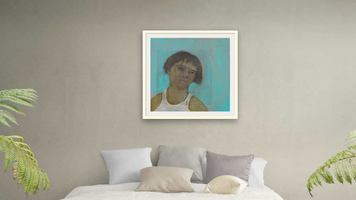 Looks Just Like by Dobee Snowber, shown at 32 × 32 in (81.3 × 81.3 cm) in Ramino Opaque White, bedroom