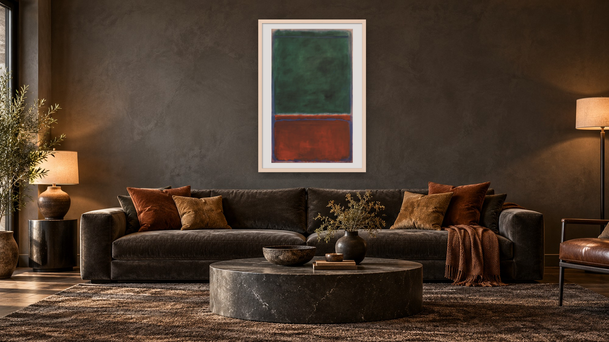 Green and Maroon by Mark Rothko, shown at 28 × 42 in (71.1 × 106.7 cm) in Ramino Opaque White, den