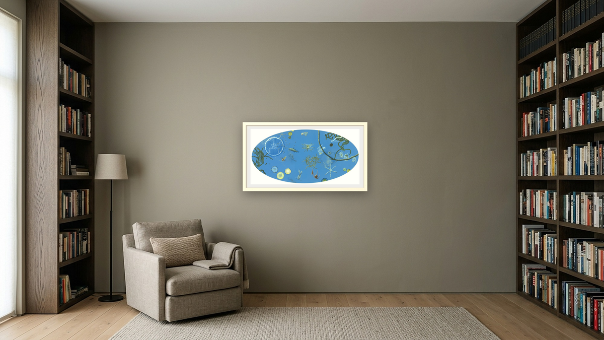 Food Web by Alexis Rockman, shown at 20 × 40 in (50.8 × 101.6 cm) in Ramino Opaque White, library