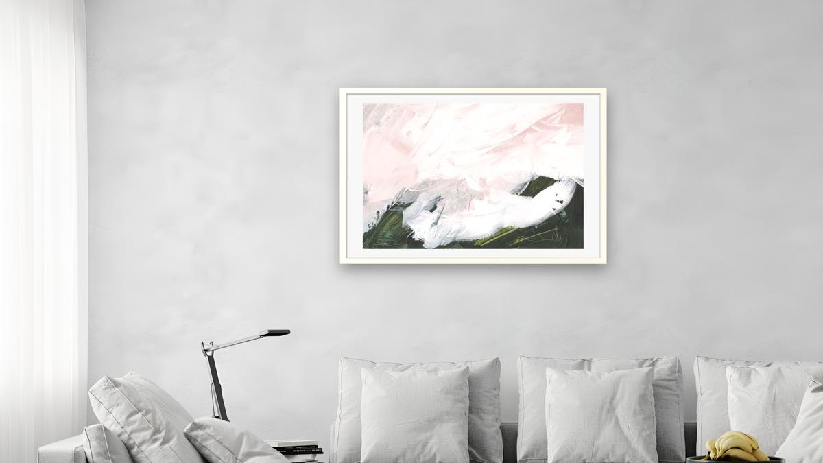 Blush Lush by Dan Hobday, shown at 28 × 42 in (71.1 × 106.7 cm) in Ramino Opaque White, living
