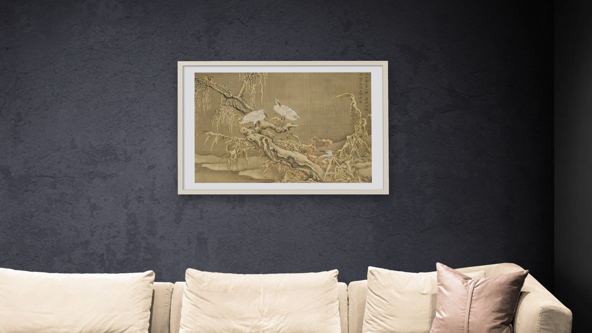 Album of Birds and Animals (Wintry Storks) by Shen Nanpin, shown at 28 × 42 in (71.1 × 106.7 cm) in Ramino Opaque White, living