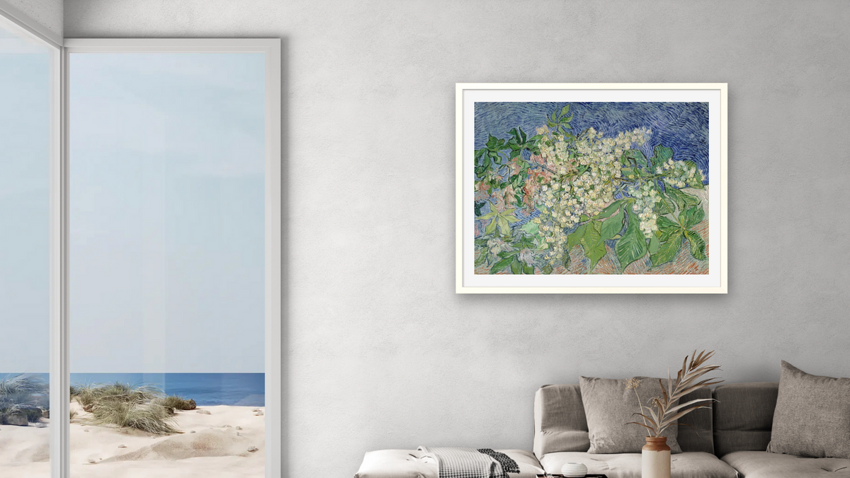 Blossoming Chestnut Branches by Vincent van Gogh, shown at 32 × 40 in (81.3 × 101.6 cm) in Ramino Opaque White, living