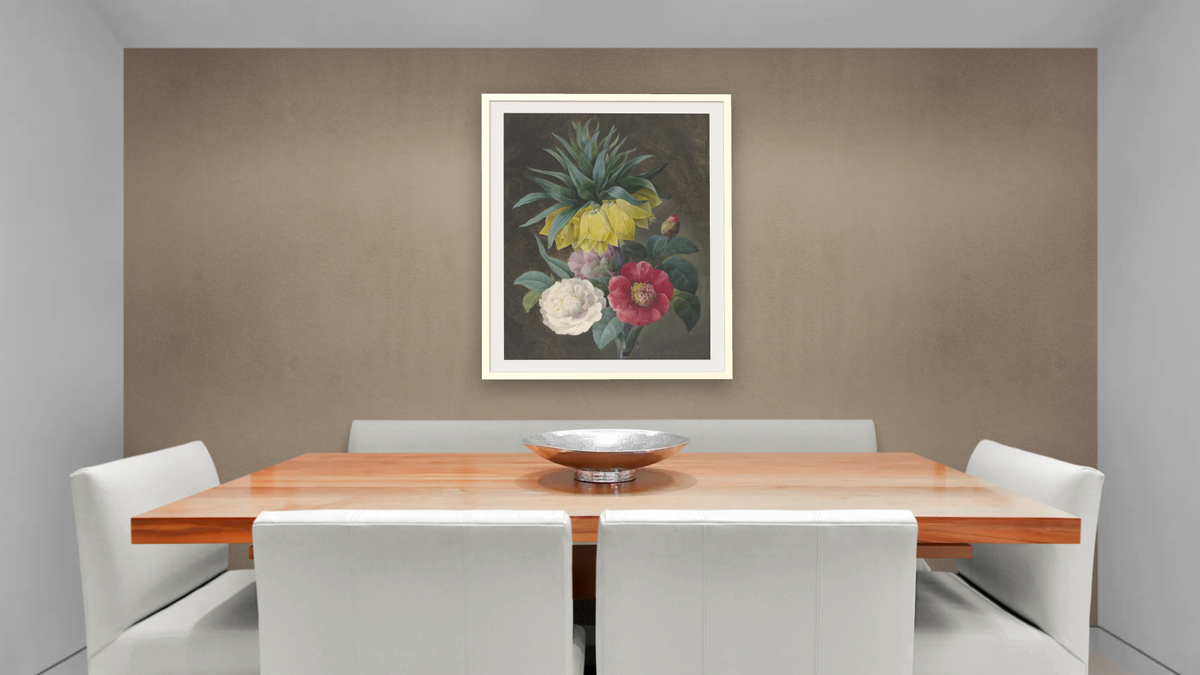 Four Peonies and a Crown Imperial by Pierre Joseph Redouté, shown at 32 × 40 in (81.3 × 101.6 cm) in Ramino Opaque White, dining