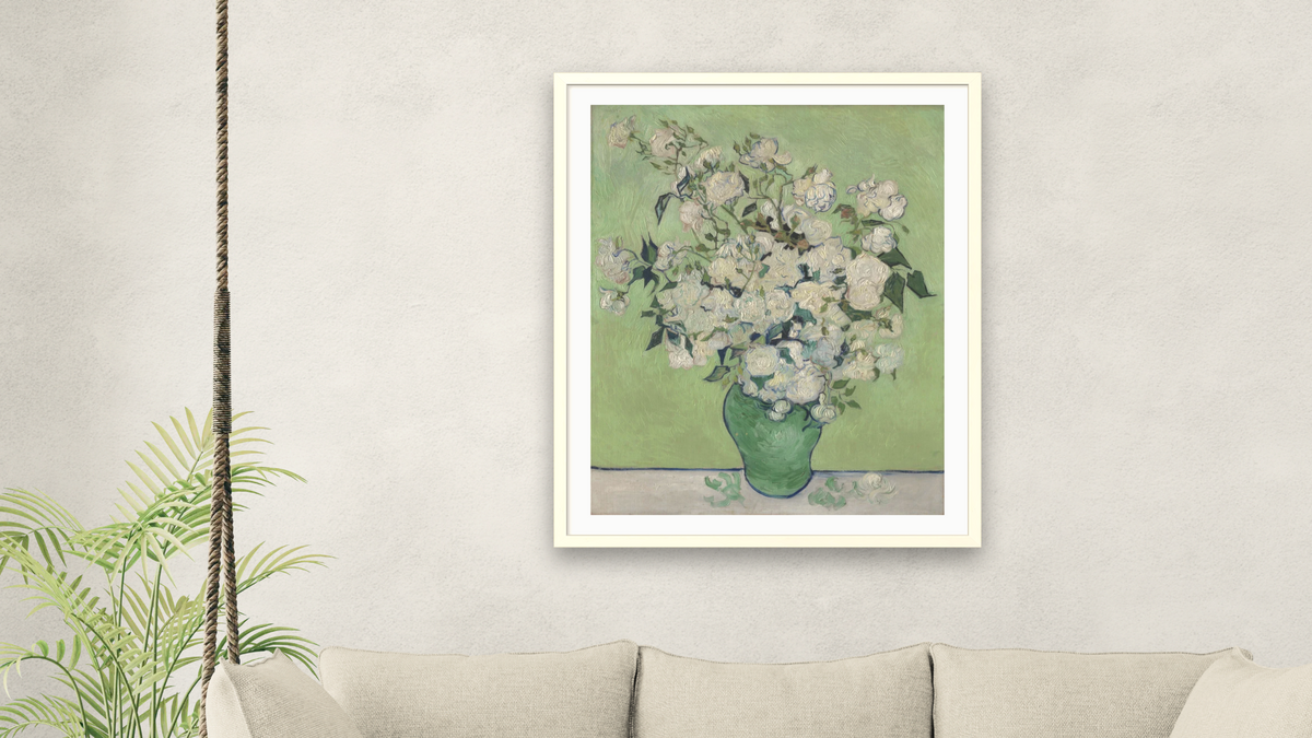 Roses by Vincent van Gogh, shown at 32 × 40 in (81.3 × 101.6 cm) in Ramino Opaque White, living