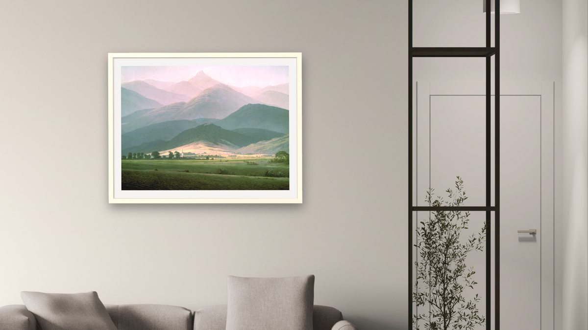 Landscape in the Riesengebirge by Caspar David Friedrich, shown at 30 × 40 in (76.2 × 101.6 cm) in Ramino Opaque White, living
