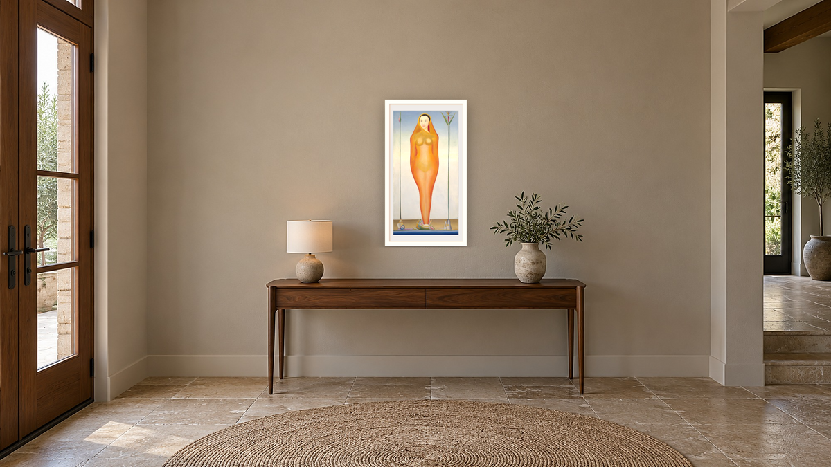 A Vision by Joseph Stella, shown at 20 × 40 in (50.8 × 101.6 cm) in Arber Light Walnut, hallway