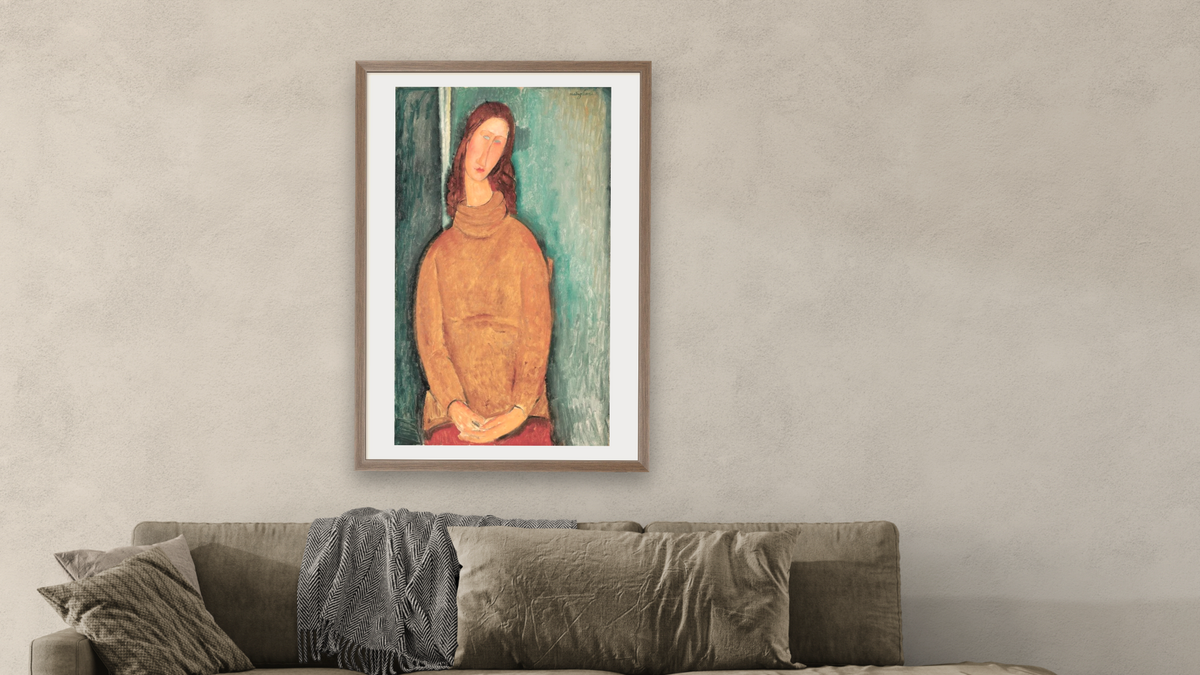 Portrait of Jeanne Hébuterne by Amedeo Modigliani, shown at 28 × 42 in (71.1 × 106.7 cm) in Arber Light Walnut, living
