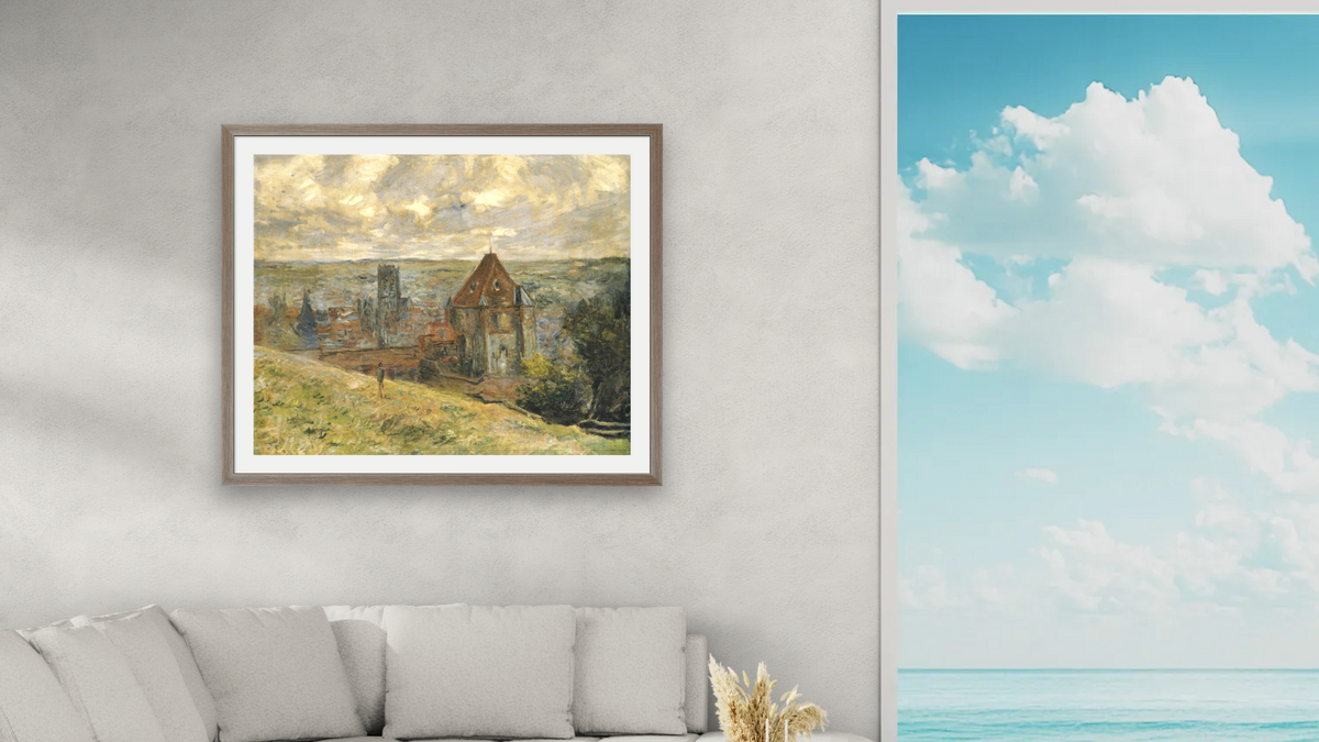 Dieppe by Claude Monet, shown at 32 × 40 in (81.3 × 101.6 cm) in Arber Light Walnut, living