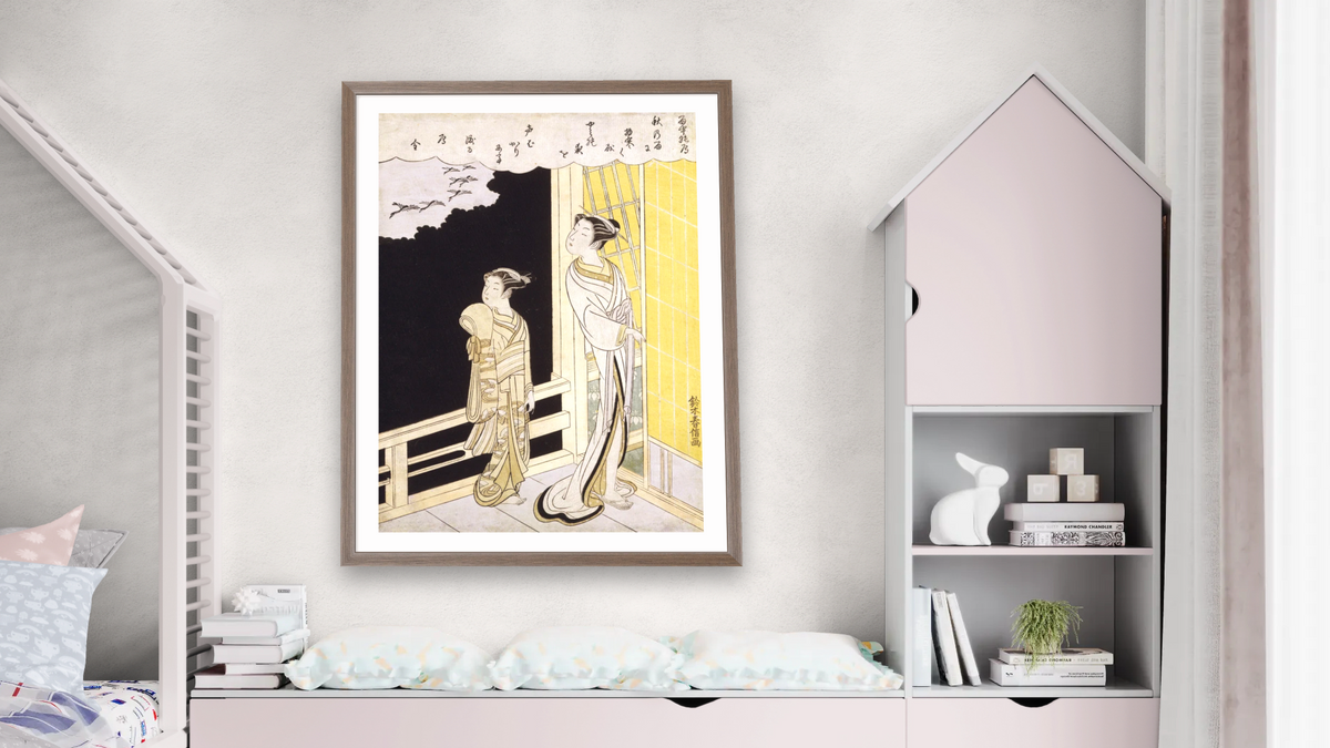 A Courtesan and Her Kamuro by Suzuki Harunobu, shown at 30 × 40 in (76.2 × 101.6 cm) in Arber Light Walnut, bedroom