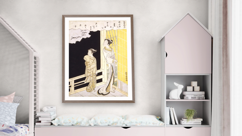 A Courtesan and Her Kamuro by Suzuki Harunobu, shown at 30 × 40 in (76.2 × 101.6 cm) in Arber Light Walnut, bedroom [arteriel-render:v6:room_a:30x40@41,43]