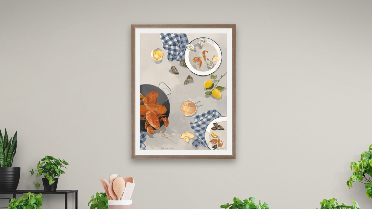 Break Out of the Shell-Diptych 2 by Catherine Gerke, shown at 30 × 40 in (76.2 × 101.6 cm) in Arber Light Walnut, dining