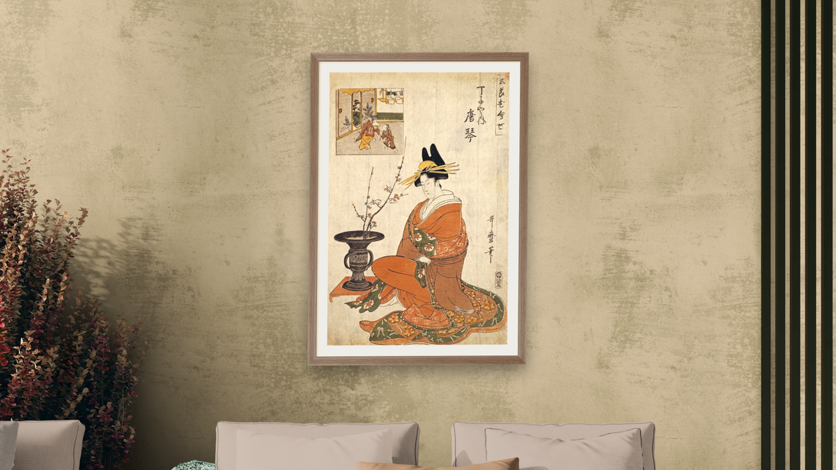The Courtesan Karakoto by Kitagawa Utamaro, shown at 28 × 42 in (71.1 × 106.7 cm) in Arber Light Walnut, living