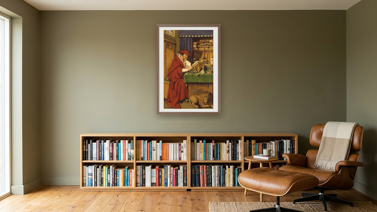 Saint Jerome in His Study by Jan van Eyck, shown at 28 × 42 in (71.1 × 106.7 cm) in Arber Light Walnut, library