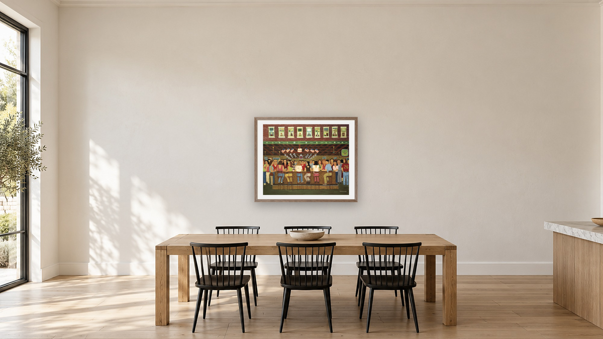 Ferry Inn, Thursday Night by Ralph Fasanella, shown at 32 × 40 in (81.3 × 101.6 cm) in Arber Light Walnut, kitchen