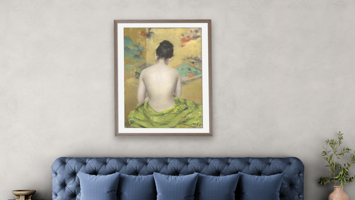 Study of Flesh Color and Gold by William Merritt Chase, shown at 30 × 40 in (76.2 × 101.6 cm) in Arber Light Walnut, bedroom