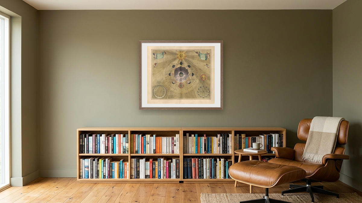 Plate 19 from Harmonia Macrocosmica by Andreas Cellarius, shown at 32 × 40 in (81.3 × 101.6 cm) in Arber Light Walnut, library