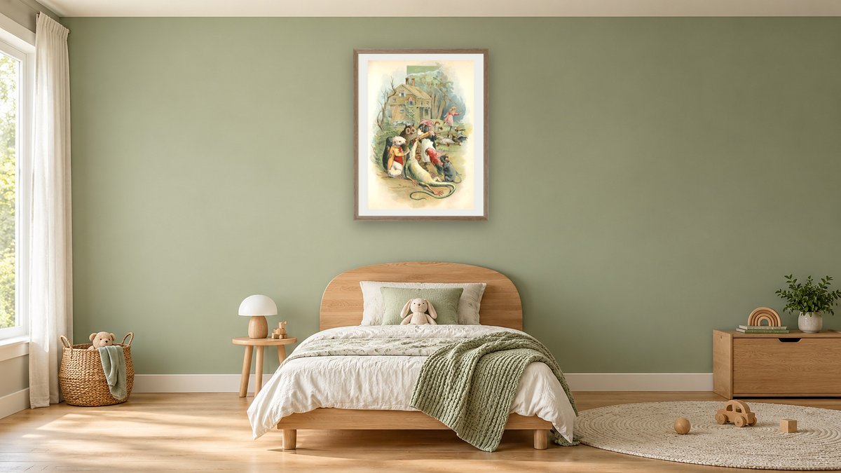Alice in Wonderland: Mice Feeding the Lizard, shown at 30 × 40 in (76.2 × 101.6 cm) in Arber Light Walnut, kids' room