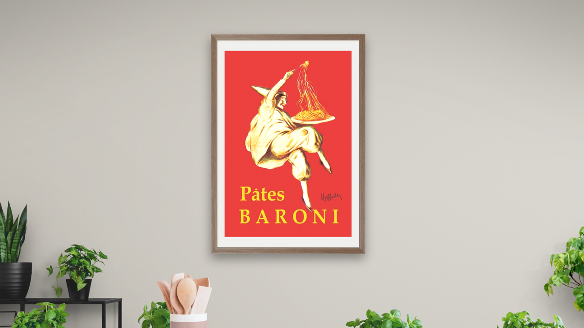Pates Baroni advertisement poster by Leonetto Cappiello, shown at 28 × 42 in (71.1 × 106.7 cm) in Arber Light Walnut, dining