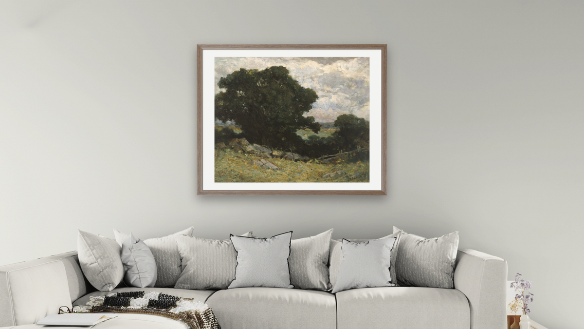 Landscape by Edward Mitchell Bannister, shown at 32 × 40 in (81.3 × 101.6 cm) in Arber Light Walnut, living