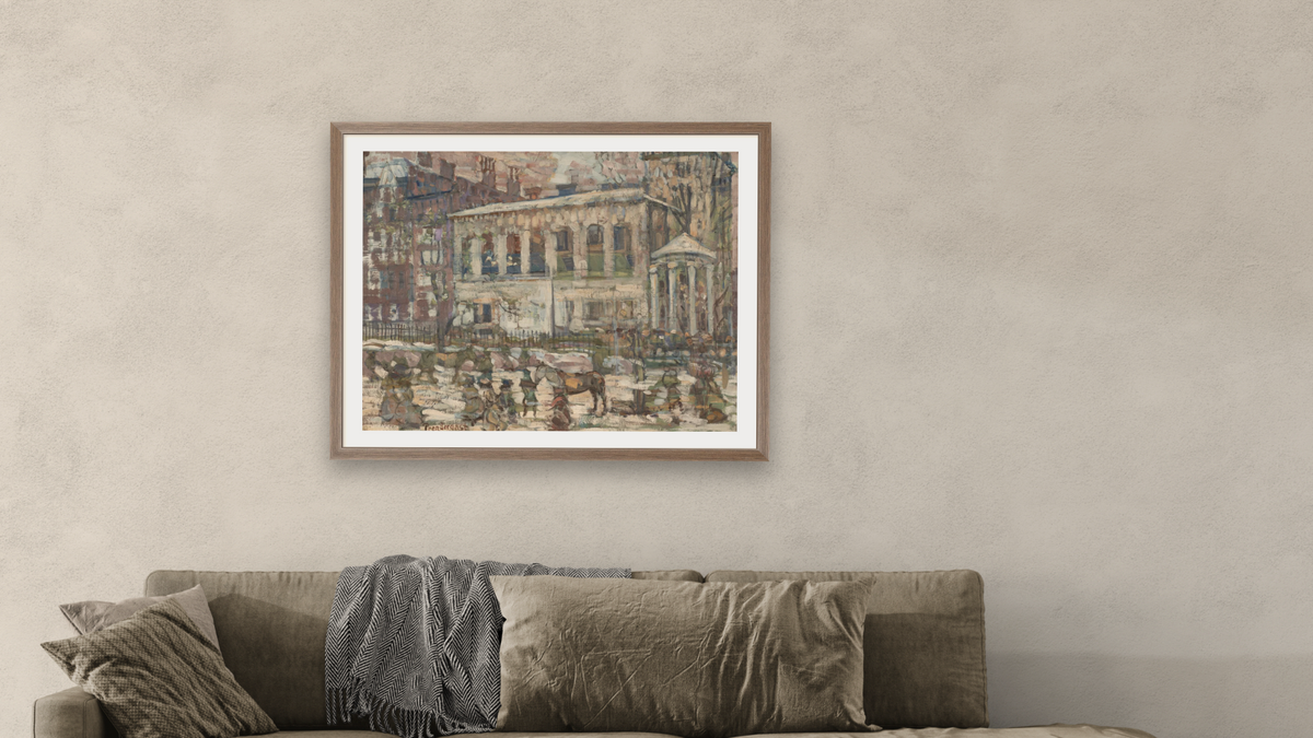 Snowy Day, Boston by Maurice Brazil Prendergast, shown at 30 × 40 in (76.2 × 101.6 cm) in Arber Light Walnut, living