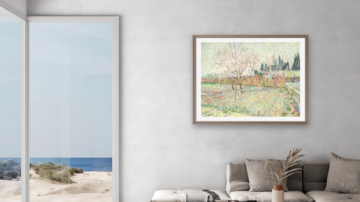 Orchard with Cypresses by Vincent van Gogh, shown at 32 × 40 in (81.3 × 101.6 cm) in Arber Light Walnut, living