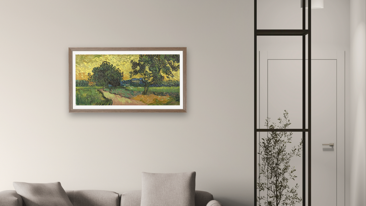 Landscape at Twilight by Vincent van Gogh, shown at 20 × 40 in (50.8 × 101.6 cm) in Arber Light Walnut, living