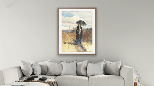 A solitary ramble by Julian Ashton, shown at 30 × 40 in (76.2 × 101.6 cm) in Arber Light Walnut, living [arteriel-render:v6:room_a:30x40@50,36]