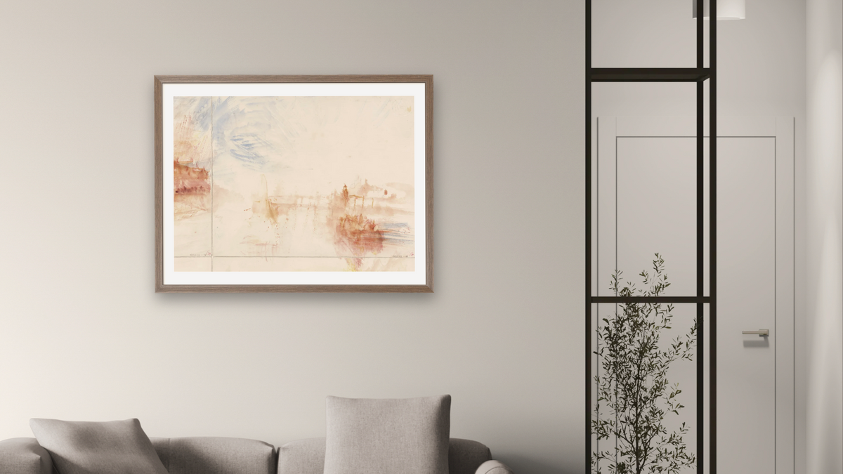 Bridge with Sunlight, possibly Coblenz by Joseph Mallord William Turner, shown at 30 × 40 in (76.2 × 101.6 cm) in Arber Light Walnut, living