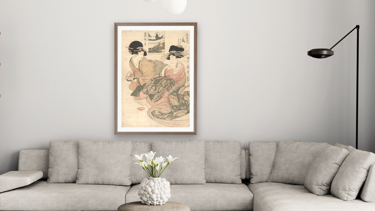 The courtesan Tsukasa of _giya by Kitagawa Utamaro, shown at 28 × 42 in (71.1 × 106.7 cm) in Arber Light Walnut, living