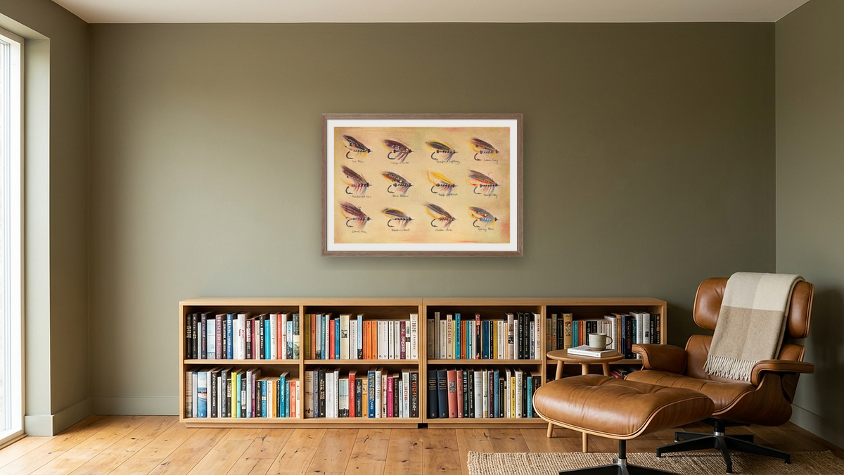 Irish Salmon Flies by Kirsten Söderlind, shown at 28 × 42 in (71.1 × 106.7 cm) in Arber Light Walnut, library