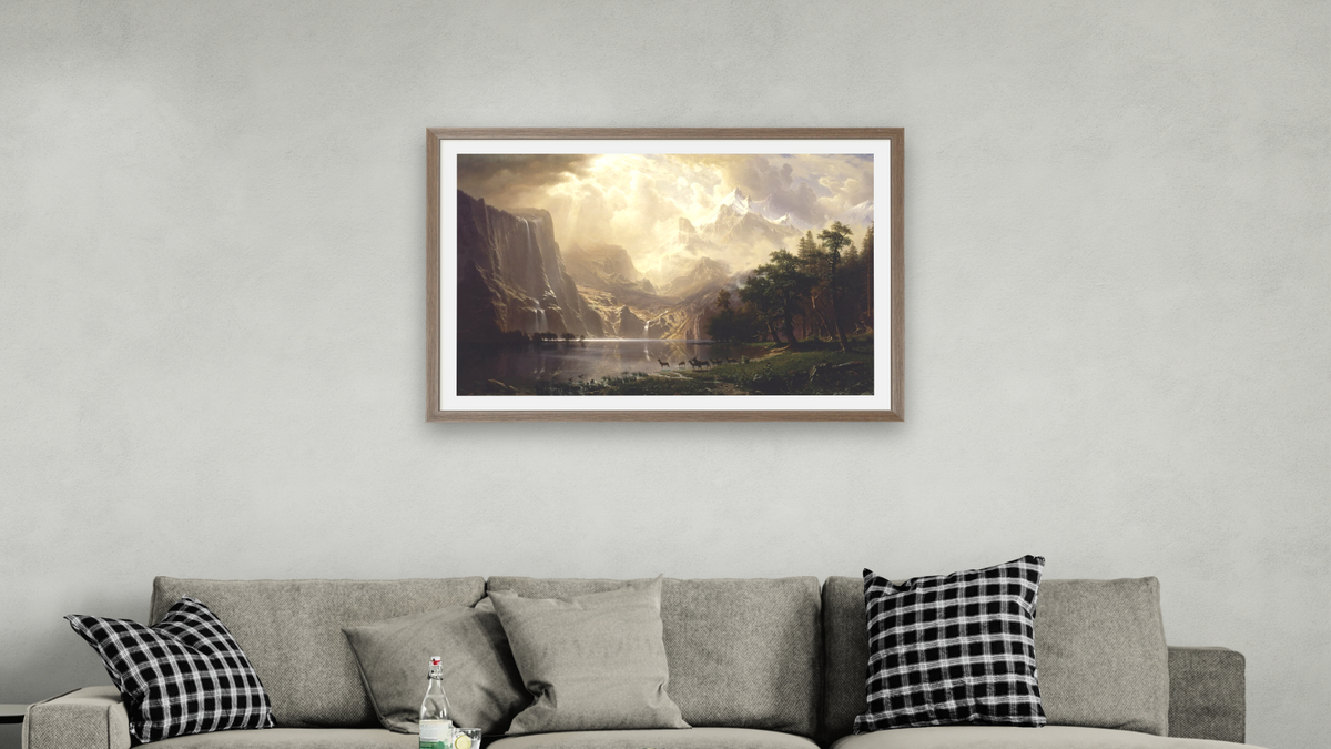 Among the Sierra Nevada, California by Albert Bierstadt, shown at 28 × 42 in (71.1 × 106.7 cm) in Arber Light Walnut, living